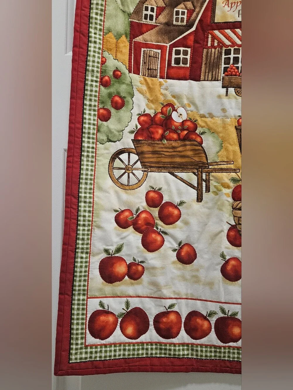 Vintage Quilted Wall Hanging Red Barn Apple Farm Country Cottagecore Tapestry